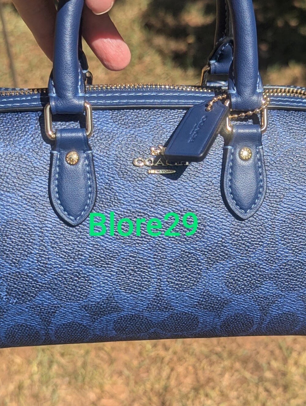 COACH TWO mini Rowan. Emerald Pebble Leather And Blue Signature Canvas.
